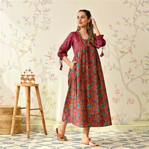 Buy Maroon Floral Printed Cotton Dress with Puff Sleeves | Rustorange