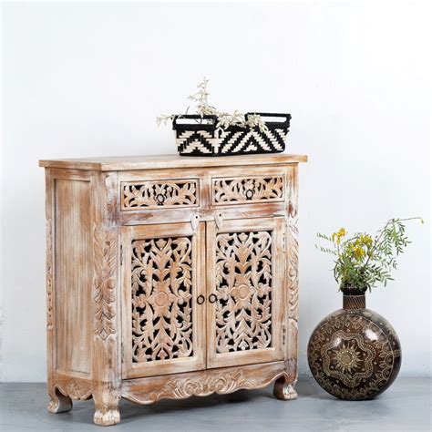 Spive Wooden Carved Cabinet with Drawers (White Distress) – Furnweave