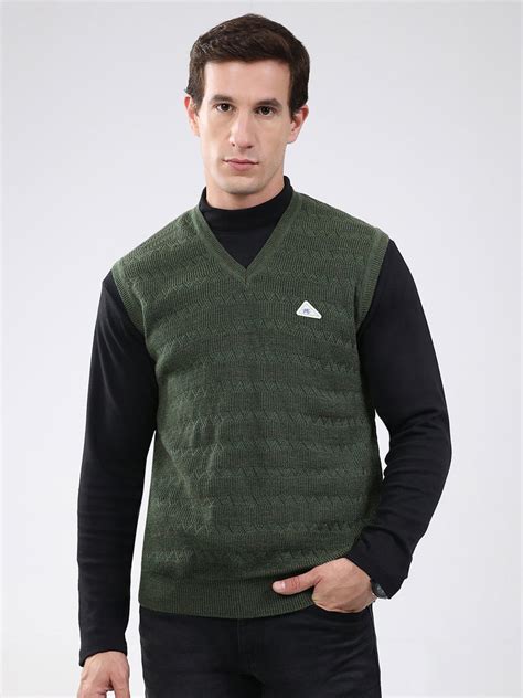 Buy Men Green Self Design V Neck Sleeveless Sweater Online in India ...