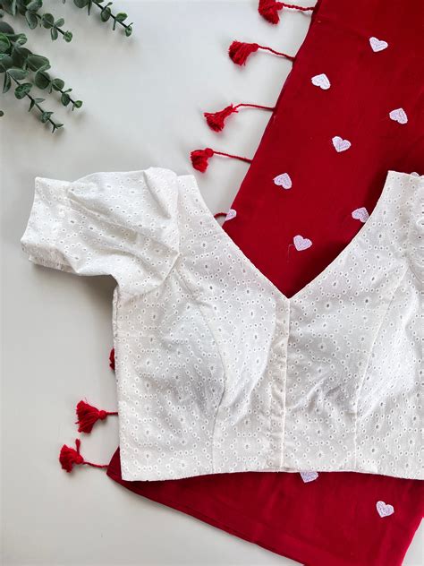 White Hakoba & Red Heart Embroidered Saree – Blouses by Barakah