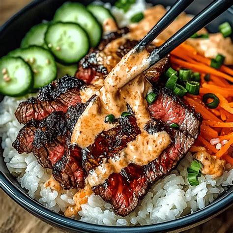 Irresistible Korean BBQ Steak Rice Bowls with Spicy Cream Sauce