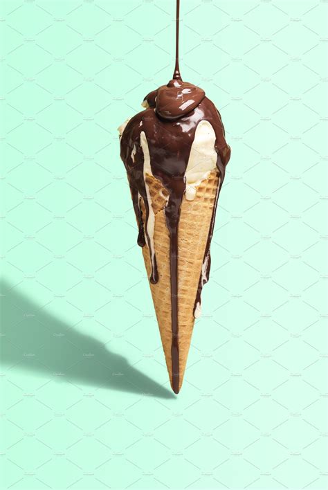 Vanilla ice cream cone with dripping | Food Images ~ Creative Market