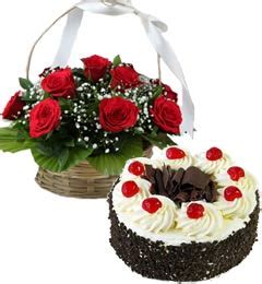 Send Online Eggless Black Forest Cake Half Kg N Red Roses Basket Order ...