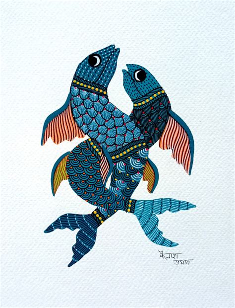 Buy Indian tribal Gond paintings of Fishes by Kailash Pradhan Online