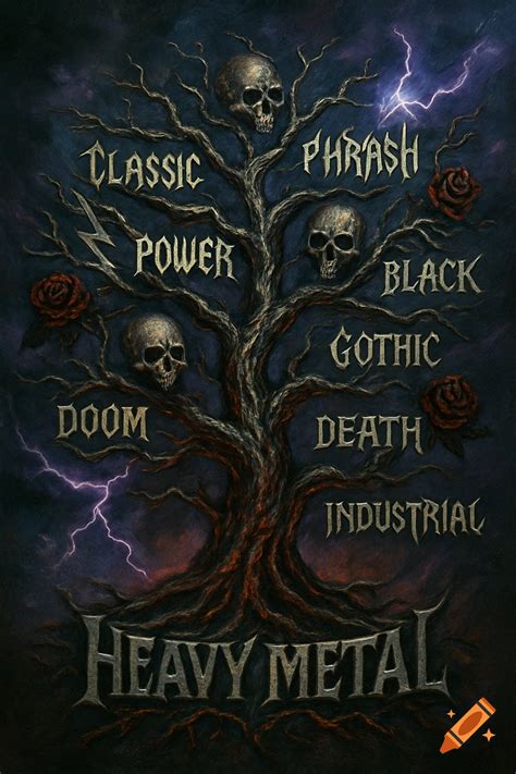 A dark, gnarled family tree with skulls and roses on its branches, with ...