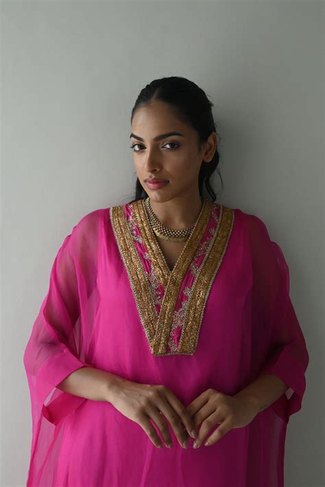 Waahida Kaftan in Hot Pink Organza with Satin Slip – Shorshe Clothing