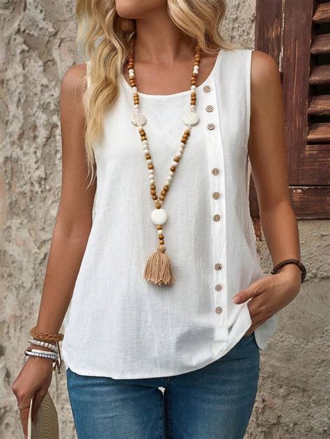 EMERY ROSE Women Round Neck Single-Breasted Sleeveless Vest, Versatile ...