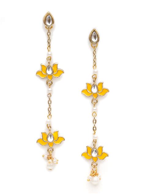 Karatcart Gold Plated Lotus Shape Yellow Kundan Drop Earrings for Women ...