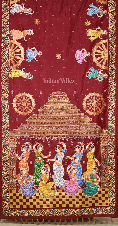 Maroon Beige Nartaki Konark Temple Hand-Painted Pattachitra Saree ...