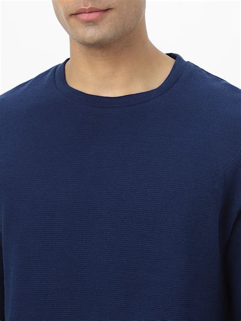 Men's Navy Textured Round Neck Oversized Half Sleeve Cotton T-Shirt ...