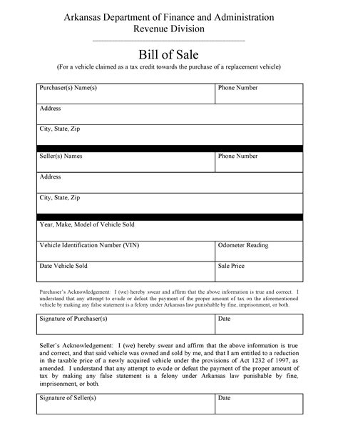 Free Arkansas DMV Bill of Sale Form - PDF | DOCX