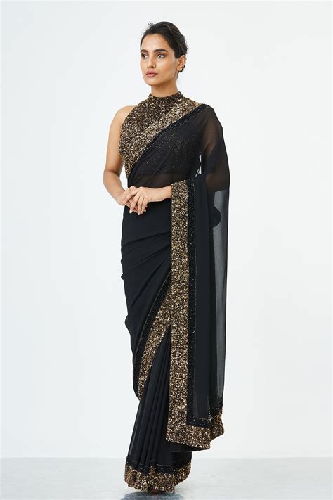 Sari Set with Gold and Tonal Double Border in Sequin Embroidery – Nakul Sen