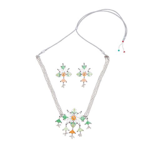 Festive Hues Enamelled Floral Patterns Silver Plated Jewellery Set – VOYLLA