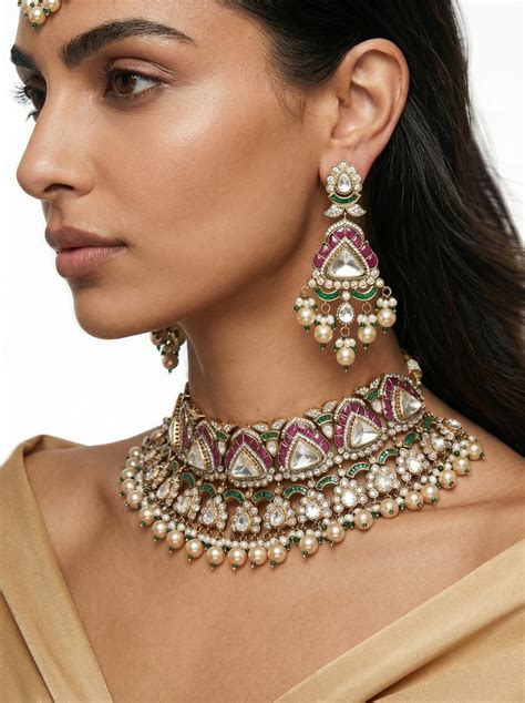 Purple Kundan Pearl Drop Triangular Polki Emerald Bridal Necklace ...