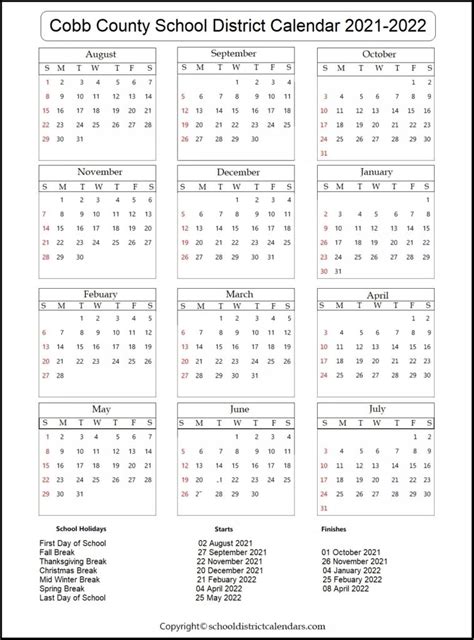Cobb County School District Holidays 2021-2022 Calendar | School ...
