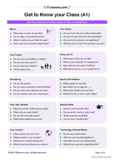 A1 Conversation Questions discussion…: English ESL worksheets pdf & doc