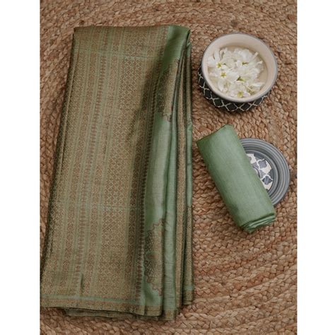 Buy Dusty Green Handwoven Pure Tussar Silk Saree With Blouse Piece ...