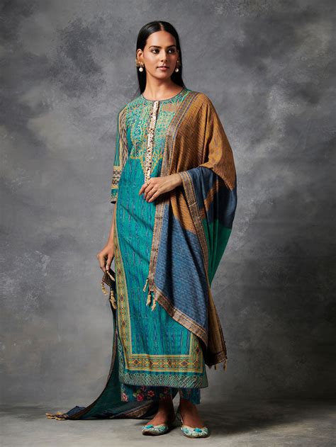 Buy Blue Green Kurta Set with Dupatta | Shop Saundh