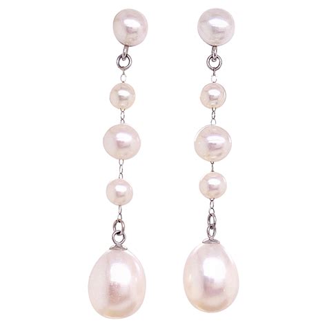 White Gold and Diamond and Cultured Pearl Drop Earrings at 1stDibs