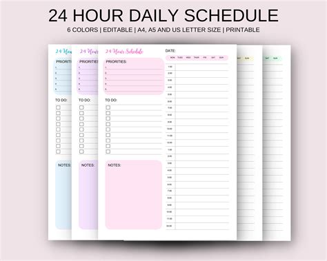 24 Hour Daily Planner Printable | 6 Colors | PDF Download | Hourly Time ...