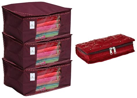 Kuber Industries Satin Jewellery Pouch, Maroon & Non Woven Saree Cover ...