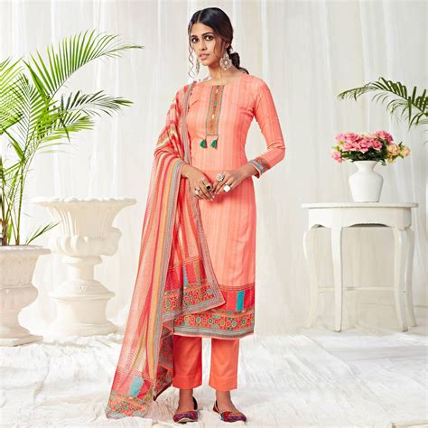 Marvellous Peach Colored Partywear Digital Printed Cotton Suit