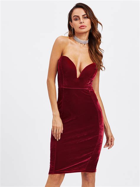 Plunging V-neckline Strapless Velvet Dress -SheIn(Sheinside)