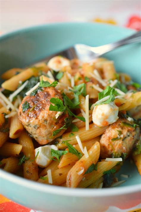 Penne with Chicken Meatballs and Mozzarella - Who Needs A Cape?