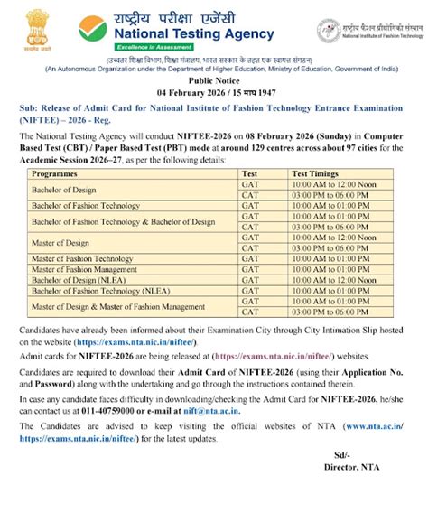 NIFT Entrance Exam 2026 Admit Card Released: Download NIFTEE Hall ...