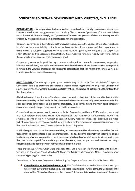 Corporate Governace - good notes - CORPORATE GOVERNACE: DEVELOPMENT ...