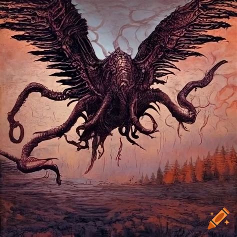 Detailed and intricate illustration of a Lovecraftian monster flying ...