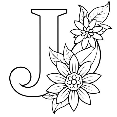 Alphabet J coloring page with the flower, J letter digital outline ...