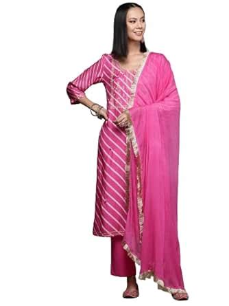 Buy VARANGA Women Pink Pure Fabric, Lehariya Embroidered Straight Kurta ...