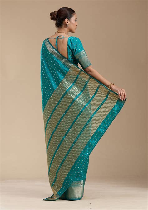 Buy Turquoise Blue Zariwork (Gold) Tussar Silk_Saree - Koskii