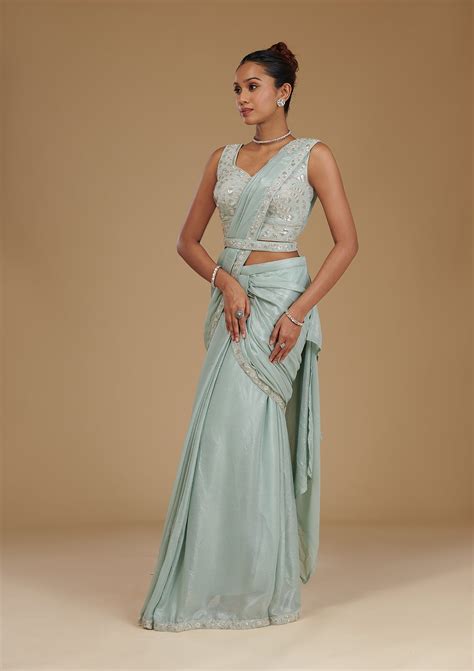 Buy Sea Green Sequins Chiffon Saree - Koskii