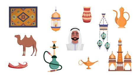 Vector set of 11 Eastern Islamic cultural items. Traditional Arabic ...