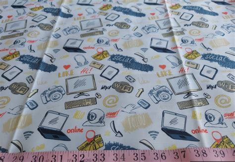 Cotton print fabric with computers, laptops, social media, cameras