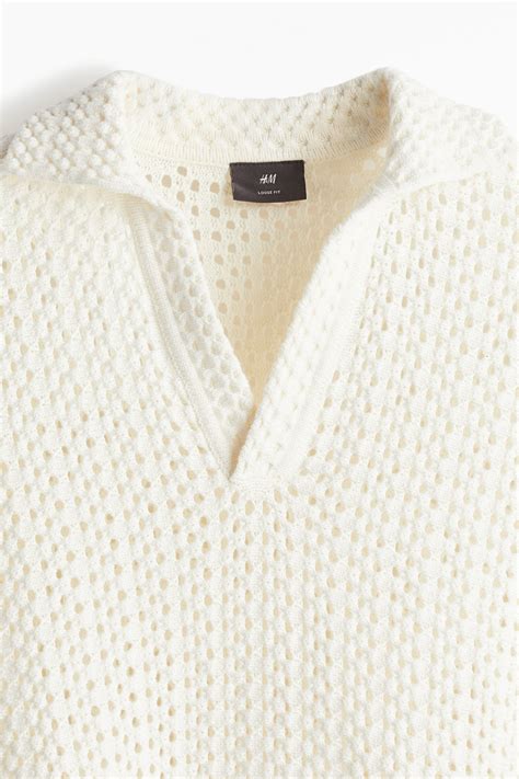 Loose Fit Pointelle-knit polo shirt - Cream - Men | H&M IN