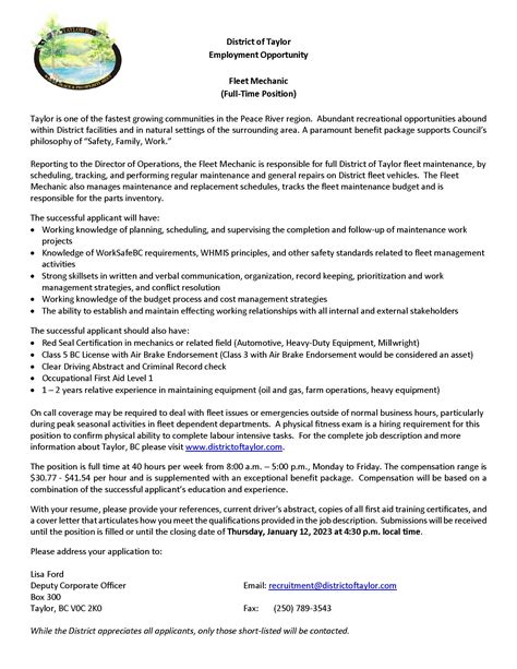 Fleet Mechanic Employment Opportunity - Welcome to the District of Taylor