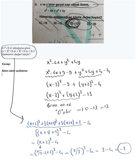 x=³√3-2 olduğuna göre, (x + 1)³ +3-(x + 1)² +3 (x + 1)-3 ifadesinin ...