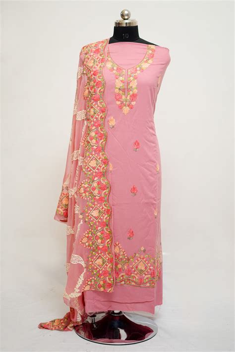 Pink aari work salwar kameez with neckline pattern and designer