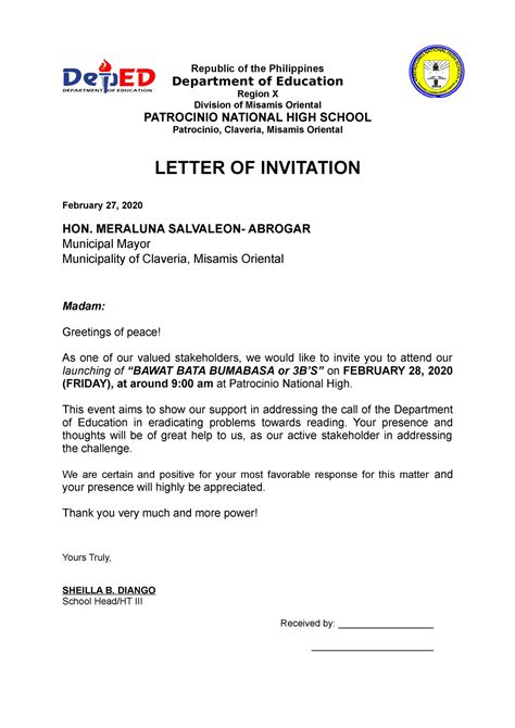 Letter of invitation - Department of Education Region X Division of Misamis Oriental PATROCINIO ...