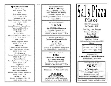 Menu for Sal's Pizza Place in Huntley, IL | Sirved