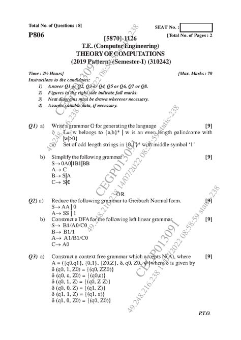 Endsem PYQ for T.E. Computer Engineering - Theory of Computation - Studocu