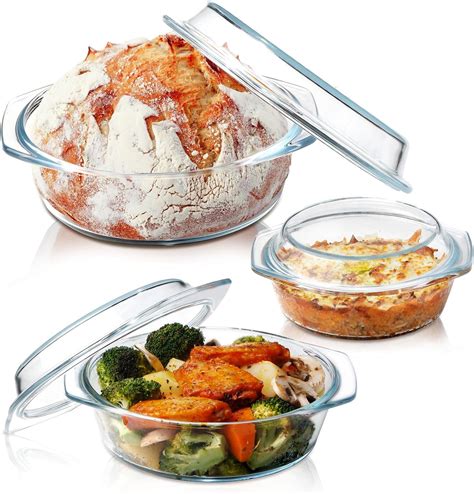 Clear Round Casserole Dish With Lid - Set of 3 Glass Bakeware Bowls (0 ...