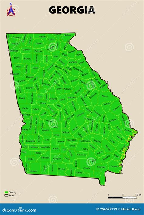 Illustration a Large Detailed Administrative Map of the US American State Georgia Stock ...