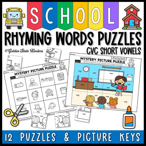 Back to School Rhyming Words Worksheets Cut and Paste Puzzles Activity | Rhyming words, Phonics ...