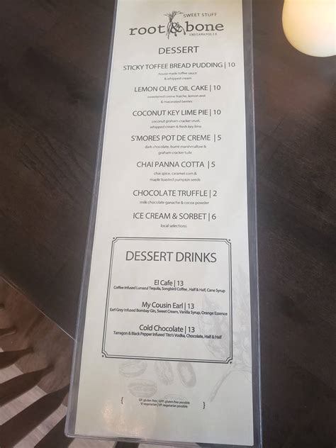 Menu at Root & Bone - Indianapolis restaurant, Indianapolis