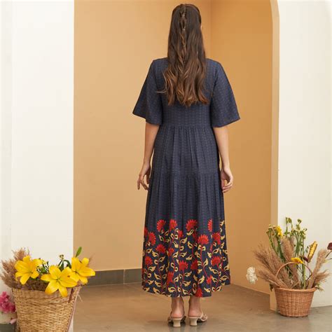 Buy Navy Blue V Neck Floral Tiered Dress | Rustorange