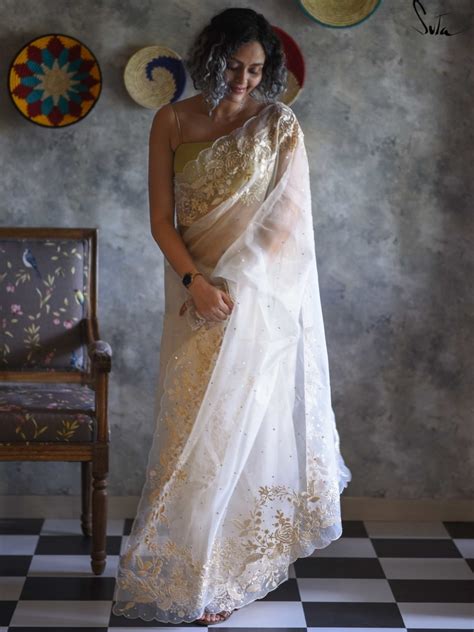 White Designer Silk Organza Saree|Ocean Pearl Roses|Suta